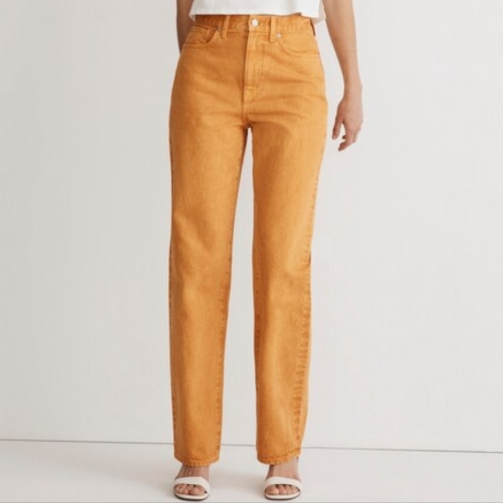 Madewell Baggy Straight Leg Garment-Dyed Bright Orange High-Rise Straight Jeans